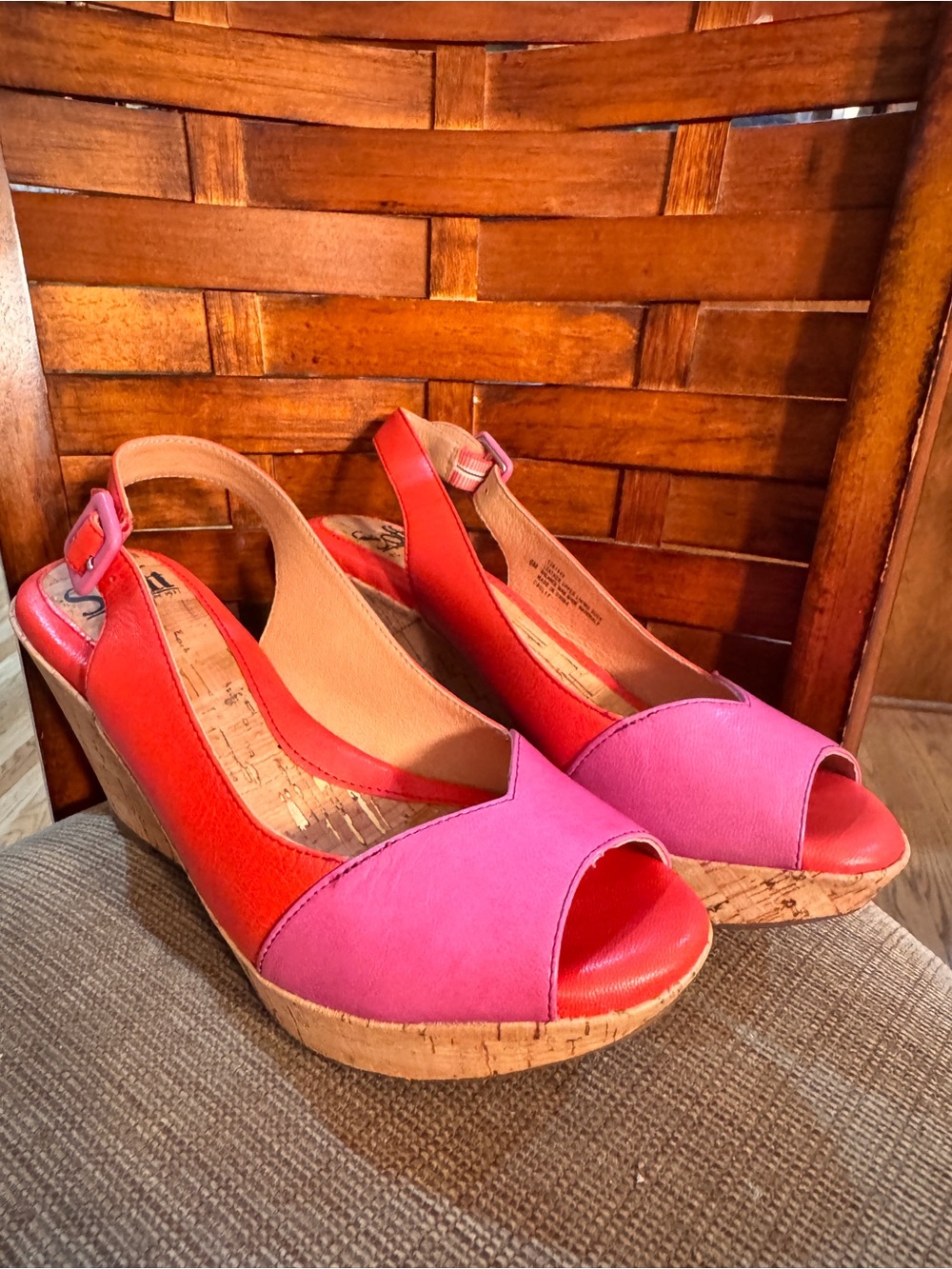 Sofft Pink & Red Cork Slingback Wedge Sandals